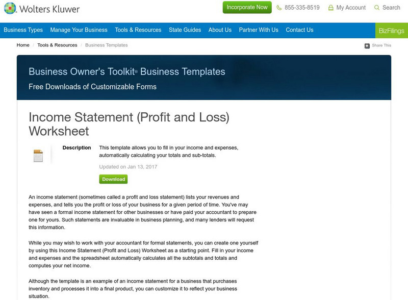 Business Owner's Toolkit: Income Statement (Profit and Loss) Worksheet Activity Business Owner's Toolkit: Income Statement (Profit and Loss) Worksheet Activity