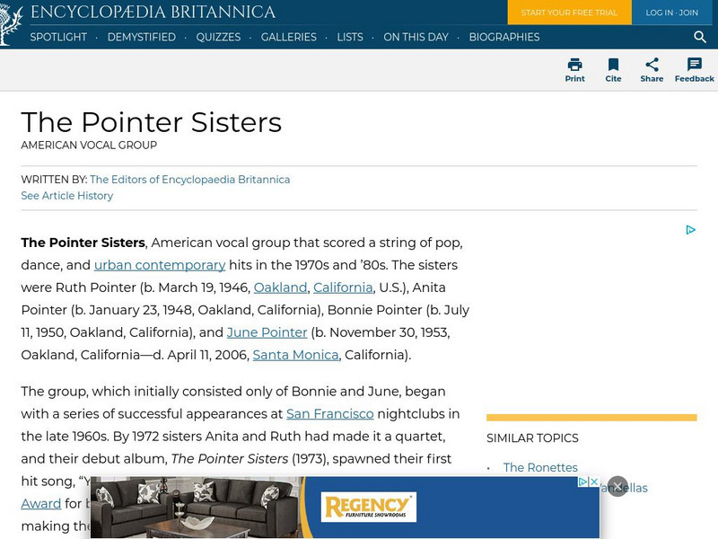 Encyclopedia Britannica: The Pointer Sisters Handout Encyclopedia Britannica: The Pointer Sisters Handout