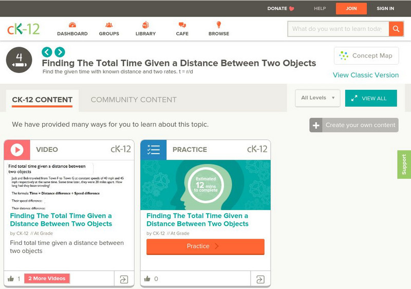 Ck 12: Elem Math: Finding the Meeting Time Given Total Distance and Two Rates Instructional Video Ck 12: Elem Math: Finding the Meeting Time Given Total Distance and Two Rates Instructional Video