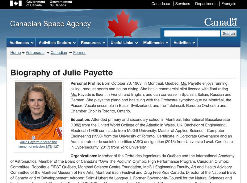 Canadian Space Agency: Canadian Astronauts: Julie Payette Website Canadian Space Agency: Canadian Astronauts: Julie Payette Website