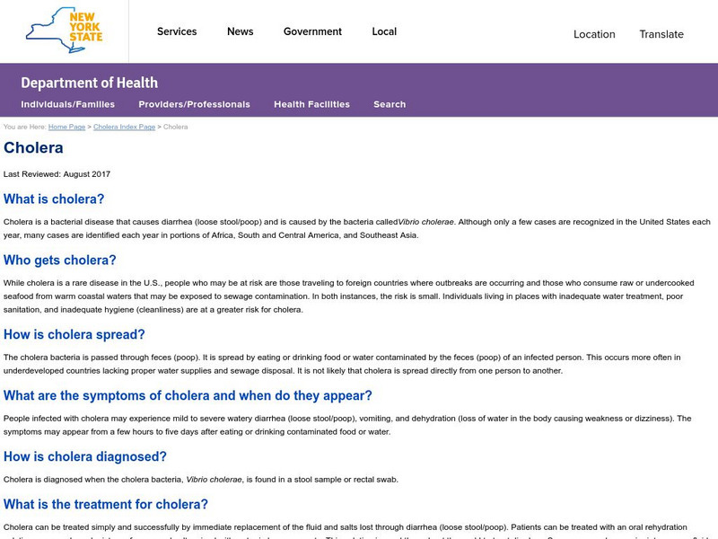 New York State Dept. Of Health: Cholera Fact Sheet Handout