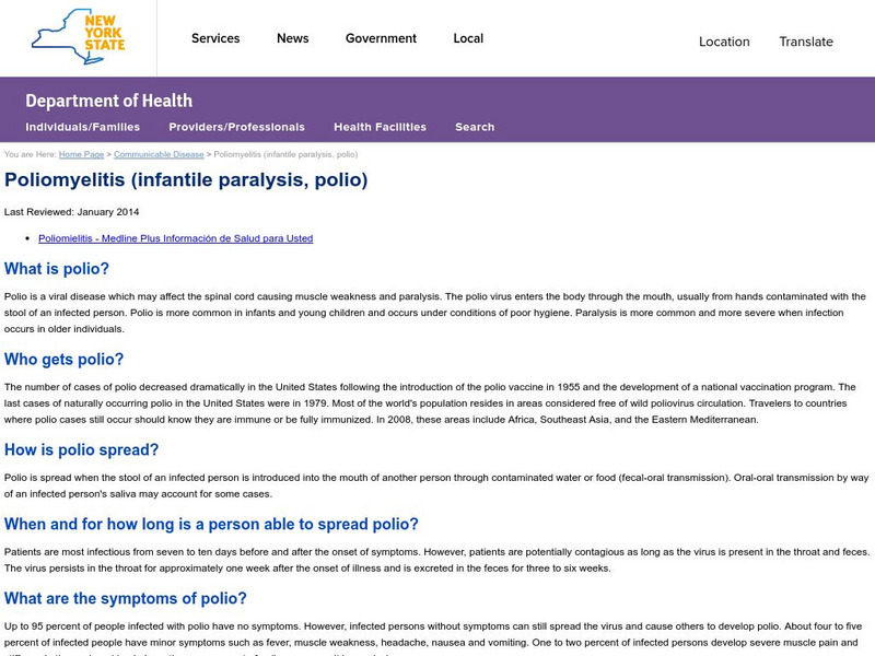 New York State Dept. Of Health: Poliomyelitis Fact Sheet Handout New York State Dept. Of Health: Poliomyelitis Fact Sheet Handout