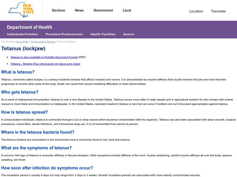 New York State Dept. Of Health: Tetanus Fact Sheet Handout