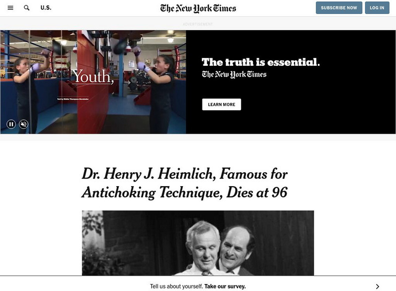 New York Times: Dr. Henry J. Heimlich, Famous for Antichoking Technique, Dies at 96 Article