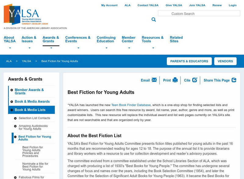 American Library Association: Best Fiction for Young Adults Website