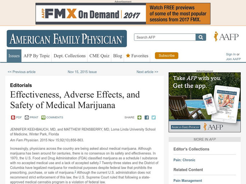 Aafp: Effectiveness, Adverse Effects, and Safety of Medical Marijuana Article Aafp: Effectiveness, Adverse Effects, and Safety of Medical Marijuana Article