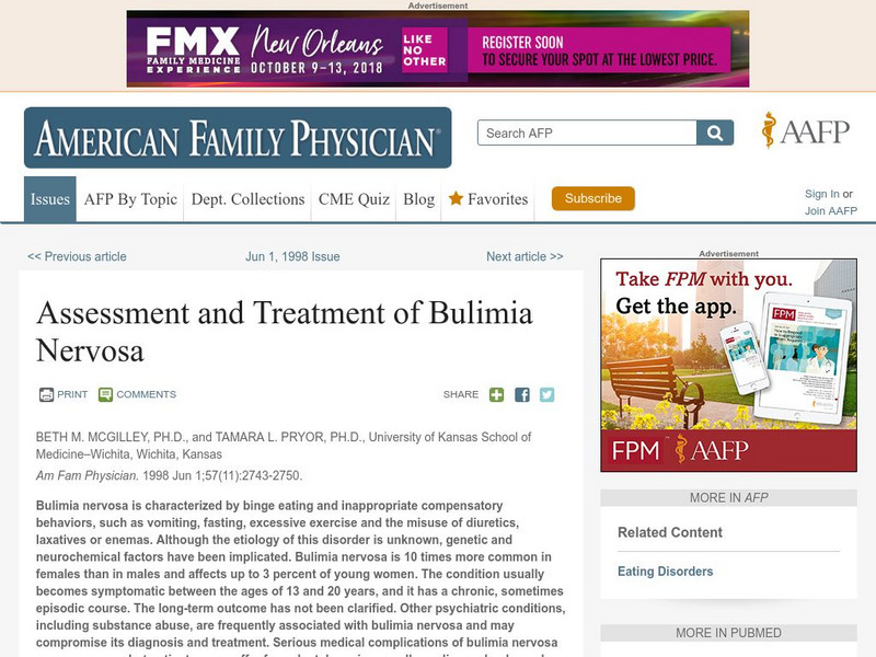 Aafp: Assessment and Treatment of Bulimia Nervosa Article Aafp: Assessment and Treatment of Bulimia Nervosa Article