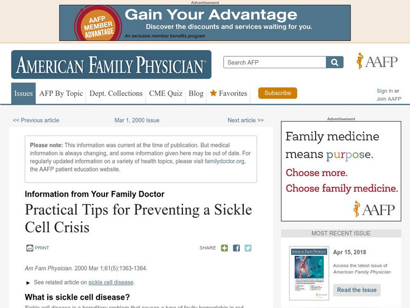 Aafp: Practical Tips for Preventing a Sickle Cell Crisis Article