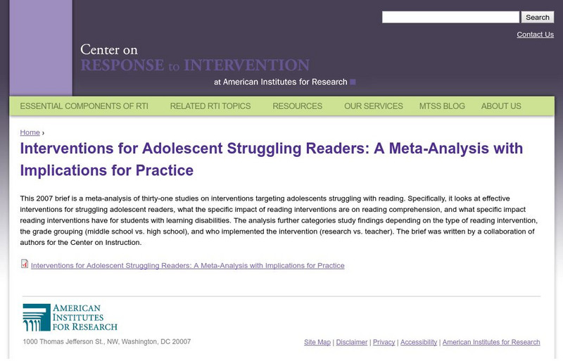 Center on Rti: Intervention for Adolescent Struggling Readers Professional Doc Center on Rti: Intervention for Adolescent Struggling Readers Professional Doc