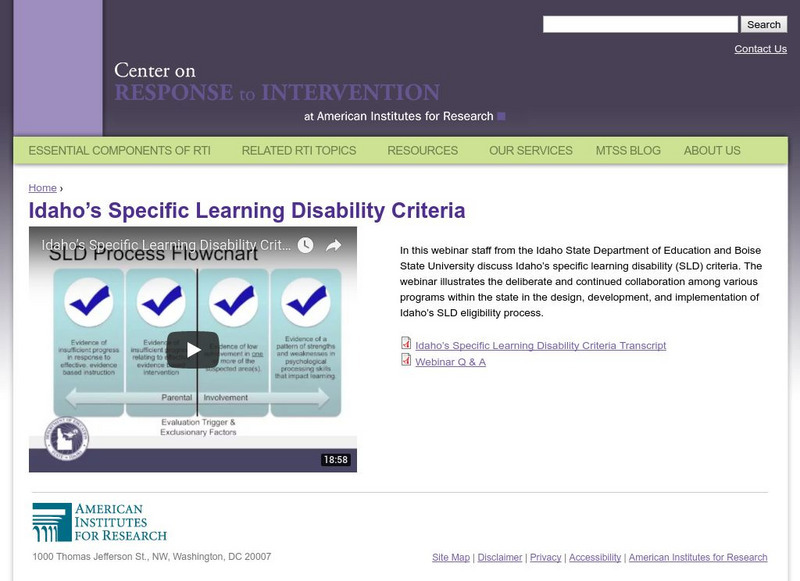 Center on Response to Intervention:idaho's Specific Learning Disability Criteria Instructional Video