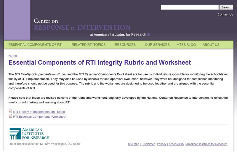 Center on Response to Intervention:rti Components Integrity Rubric and Worksheet Professional Doc Center on Response to Intervention:rti Components Integrity Rubric and Worksheet Professional Doc