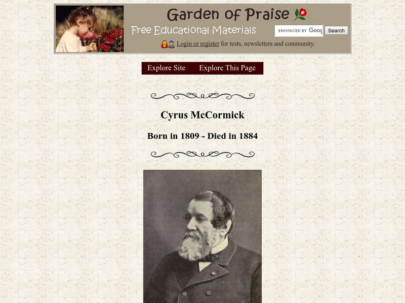Garden of Praise: Biographies for Kids: Cyrus Mc Cormick Handout Garden of Praise: Biographies for Kids: Cyrus Mc Cormick Handout