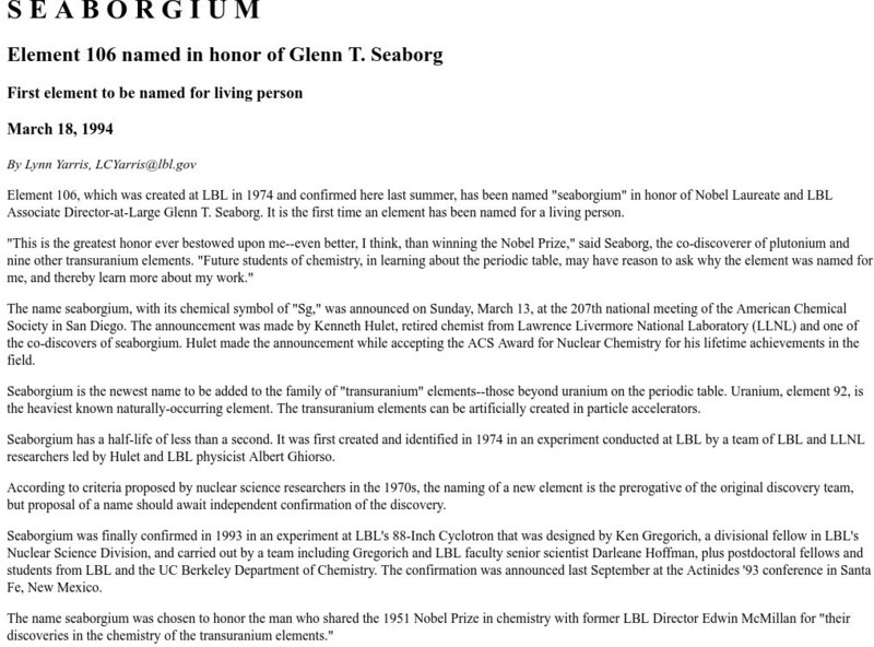 Berkeley Lab: Seaborgium: Element 106 Named in Honor of Glenn T. Seaborg Handout Berkeley Lab: Seaborgium: Element 106 Named in Honor of Glenn T. Seaborg Handout