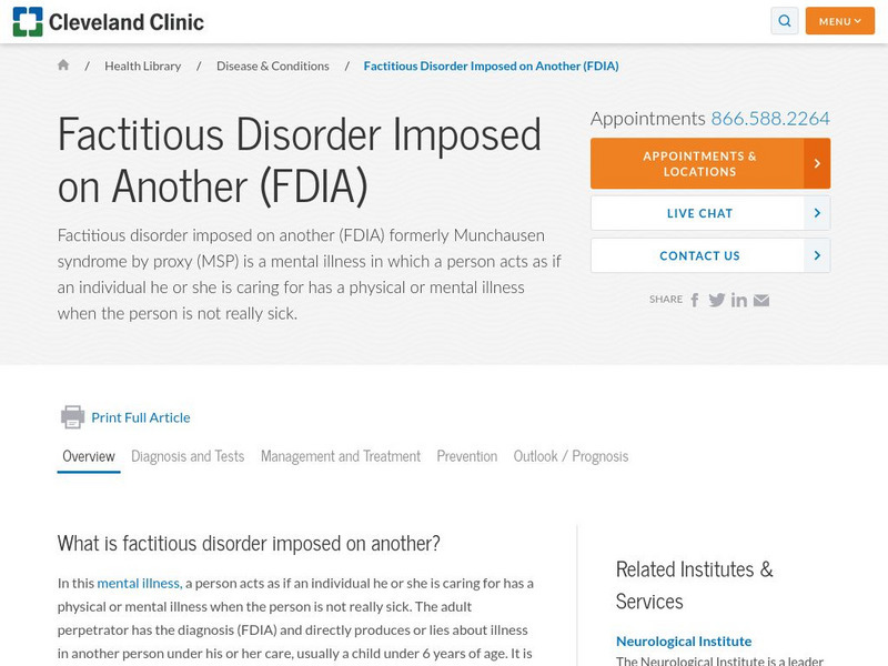 Cleveland Clinic: Factitious Disorder Imposed on Another (Fdia) Handout Cleveland Clinic: Factitious Disorder Imposed on Another (Fdia) Handout