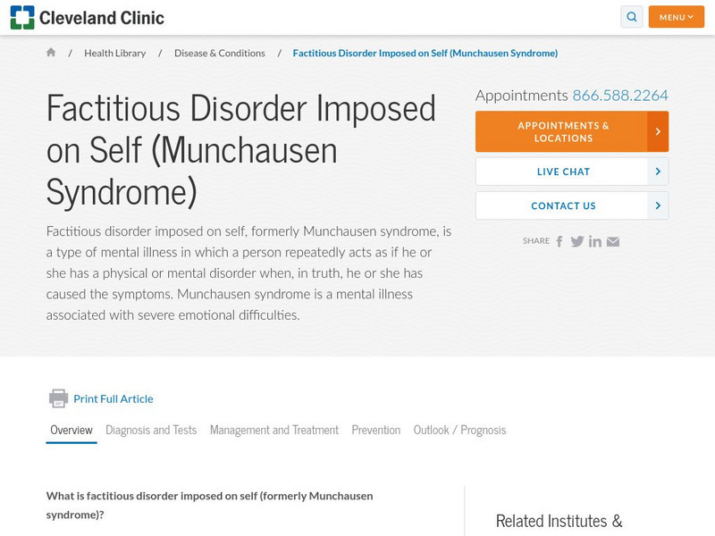Cleveland Clinic: Factitious Disorder Imposed on Self (Munchausen Syndrome) Handout Cleveland Clinic: Factitious Disorder Imposed on Self (Munchausen Syndrome) Handout