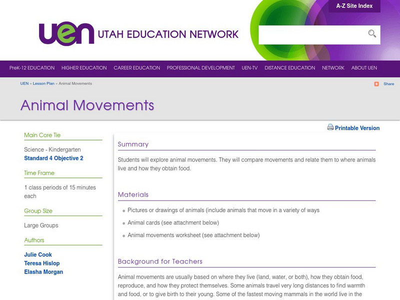 Uen: Animal Movements Lesson Plan Uen: Animal Movements Lesson Plan