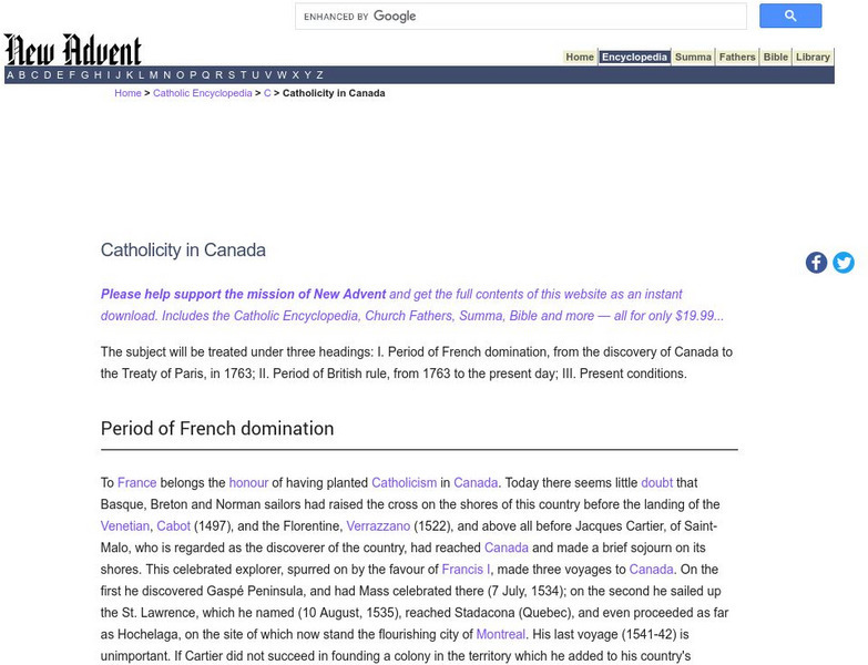 Catholic Encyclopedia: Catholicity in Canada Handout Catholic Encyclopedia: Catholicity in Canada Handout