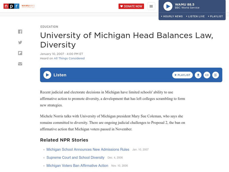 Npr: University of Michigan Head Balances Law, Diversity Audio Npr: University of Michigan Head Balances Law, Diversity Audio