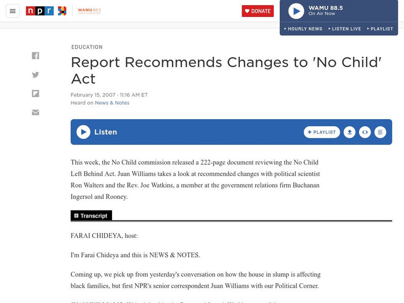 Npr: Report Recommends Changes to 'No Child' Act Audio Npr: Report Recommends Changes to 'No Child' Act Audio