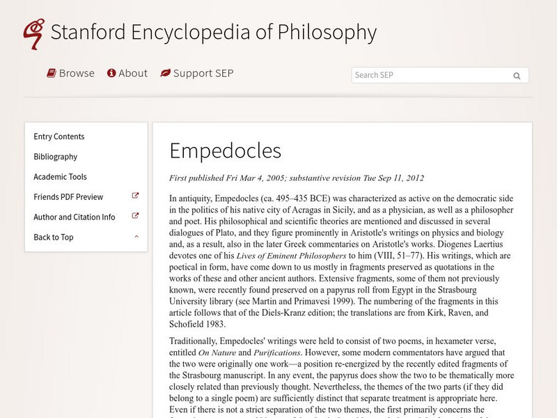 Stanford Encyclopedia of Philosophy: Empedocles Handout Stanford Encyclopedia of Philosophy: Empedocles Handout
