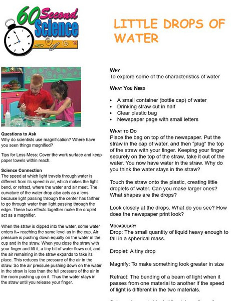 60 Second Science: Little Drops of Water Experiment Activity 60 Second Science: Little Drops of Water Experiment Activity