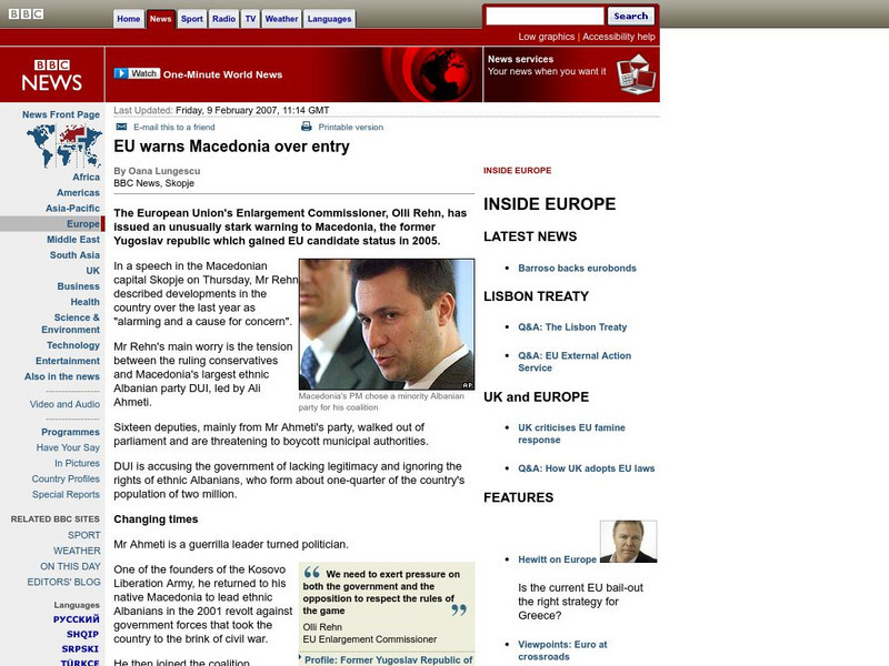 Bbc: Eu Warns Macedonia Over Entry Article Bbc: Eu Warns Macedonia Over Entry Article