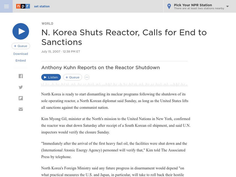 Npr: N. Korea Shuts Reactor, Calls for End to Sanctions Audio Npr: N. Korea Shuts Reactor, Calls for End to Sanctions Audio