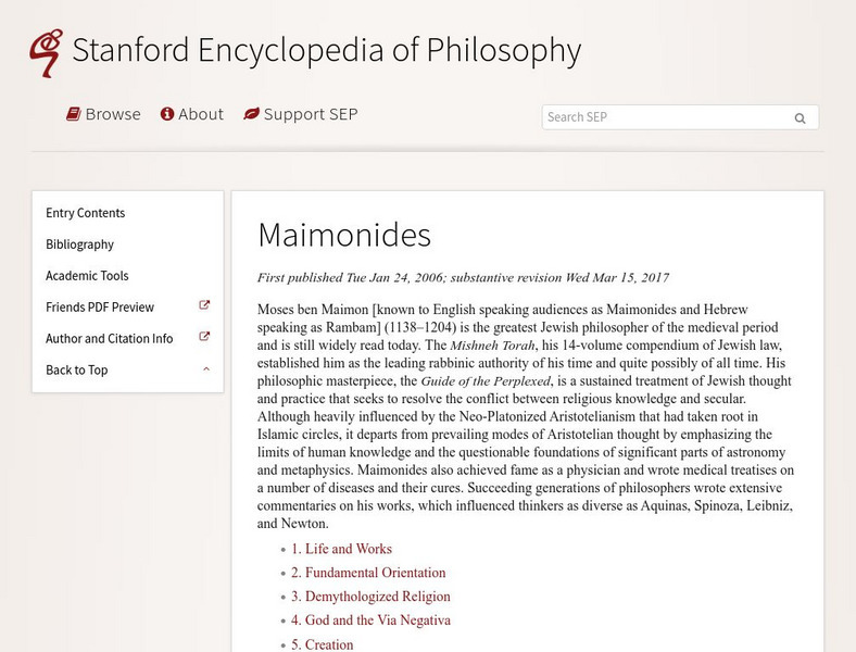 Stanford Encyclopedia of Philosophy: Maimonides Handout
