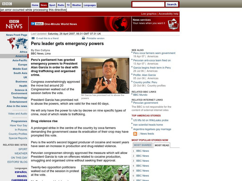 Bbc: Peru Leader Gets Emergency Power Article