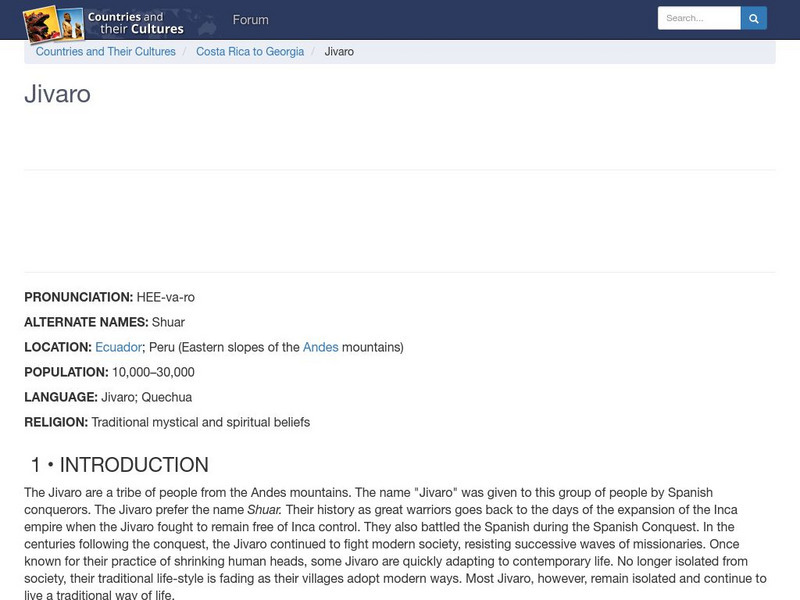 Countries and Their Cultures: Jivaro Handout Countries and Their Cultures: Jivaro Handout