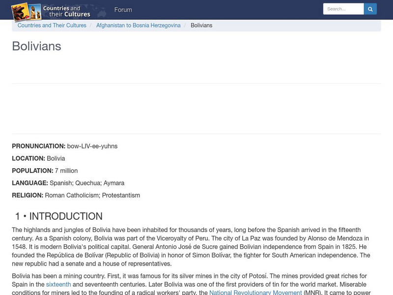 Countries and Their Cultures: Bolivians Handout Countries and Their Cultures: Bolivians Handout