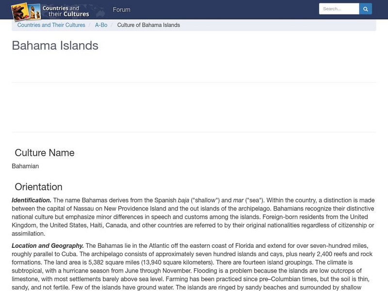 Countries and Their Cultures: Culture of Bahama Islands Handout Countries and Their Cultures: Culture of Bahama Islands Handout