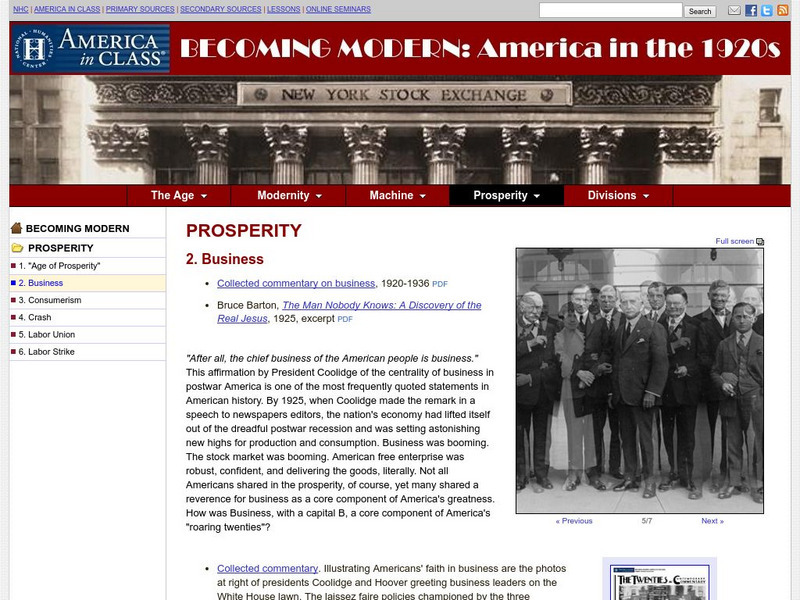 National Humanities Center: America in Class: America in the 1920s: Prosperity: Business Primary National Humanities Center: America in Class: America in the 1920s: Prosperity: Business Primary