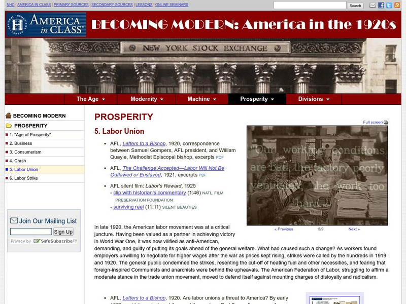 National Humanities Center: America in Class: America in the 1920s: Prosperity: Labor Union Primary National Humanities Center: America in Class: America in the 1920s: Prosperity: Labor Union Primary