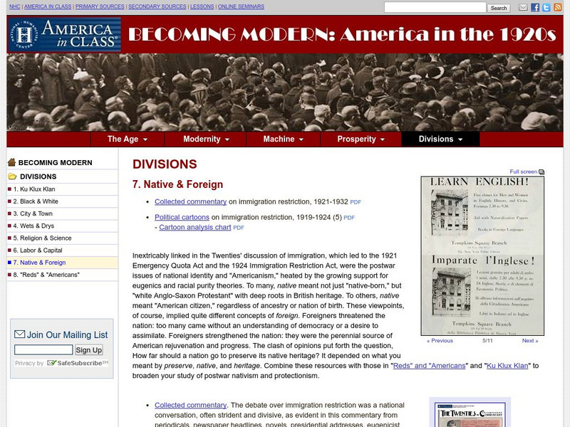 National Humanities Center: America in Class: America in the 1920s: Native & Foreign Primary National Humanities Center: America in Class: America in the 1920s: Native & Foreign Primary