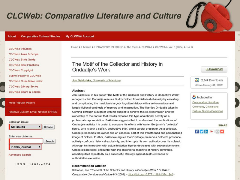 Motif of the Collector/ Historical Appropriation in Ondaatje's Novels Website Motif of the Collector/ Historical Appropriation in Ondaatje's Novels Website