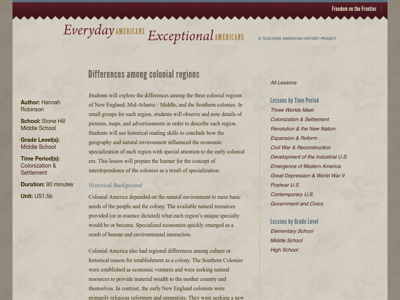 Chnm: Differences Among Colonial Regions Lesson Plan Chnm: Differences Among Colonial Regions Lesson Plan