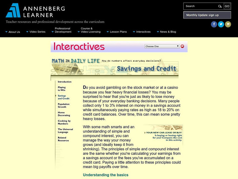 Annenberg Learner: Math in Daily Life: Savings and Credit Unit Plan Annenberg Learner: Math in Daily Life: Savings and Credit Unit Plan
