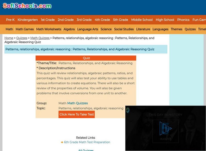 Soft Schools: Patterns, Relationships, and Algebraic Reasoning Quiz Unknown Type Soft Schools: Patterns, Relationships, and Algebraic Reasoning Quiz Unknown Type