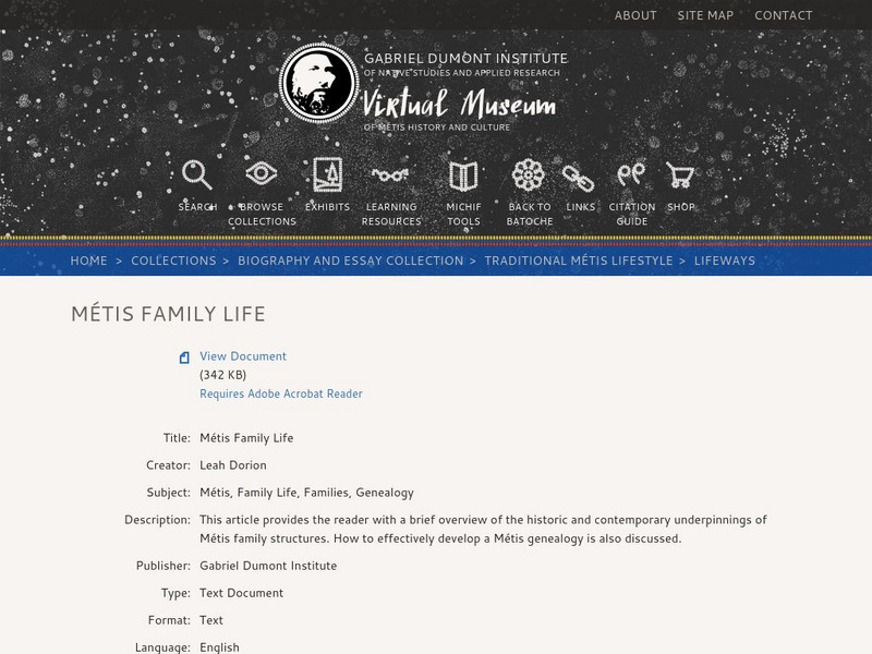Virtual Museum of Metis History and Culture: Metis Family Life Handout Virtual Museum of Metis History and Culture: Metis Family Life Handout