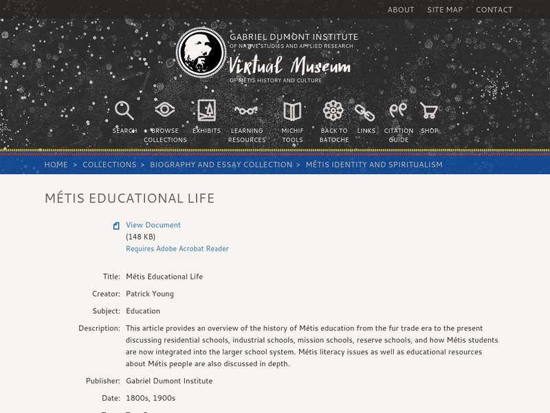 Virtual Museum of Metis History and Culture: Metis Educational Life Handout Virtual Museum of Metis History and Culture: Metis Educational Life Handout