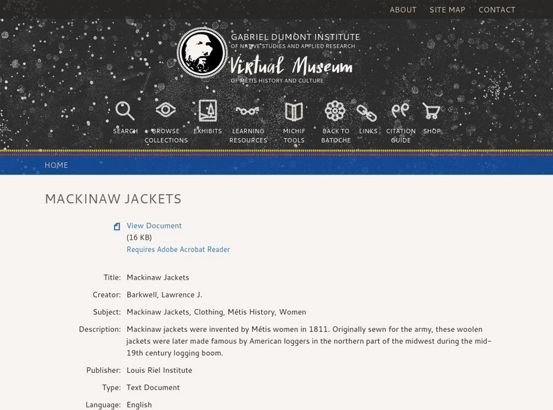 Virtual Museum of Metis History and Culture: Mackinaw Jackets Handout Virtual Museum of Metis History and Culture: Mackinaw Jackets Handout