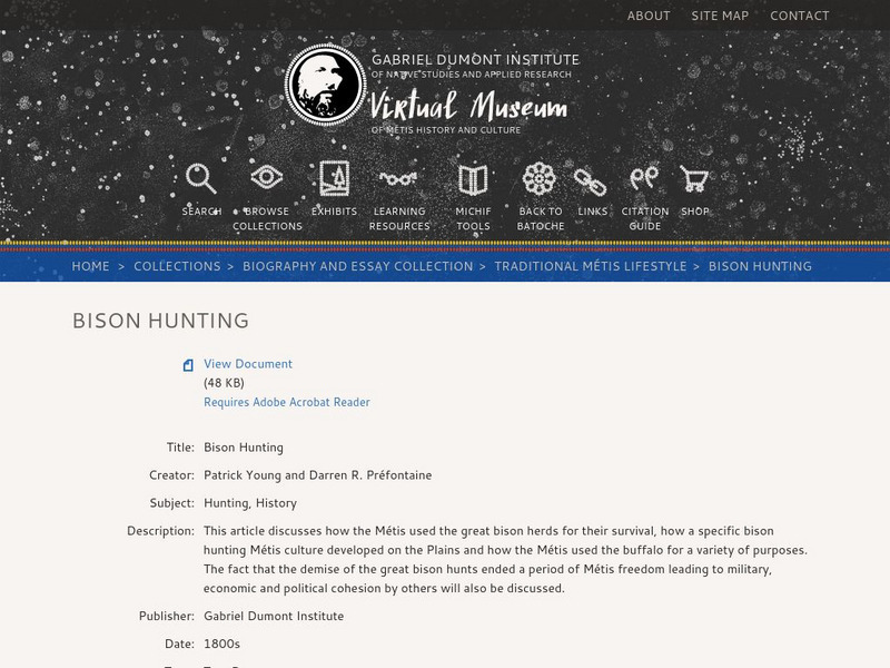 Virtual Museum of Metis History and Culture: Bison Handout Virtual Museum of Metis History and Culture: Bison Handout