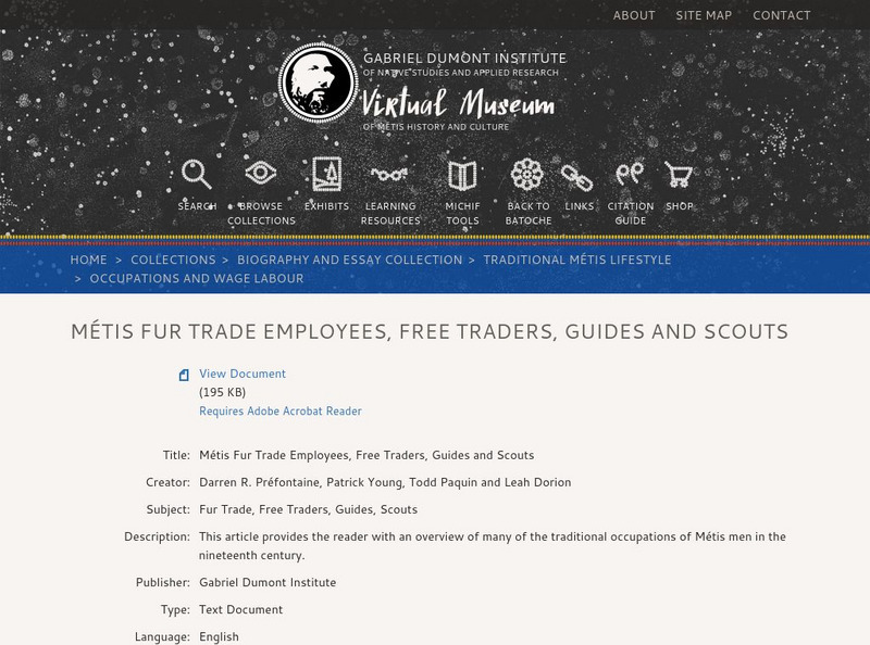 Virtual Museum of Metis History and Culture: Fur Trade Employees, Etc. Handout Virtual Museum of Metis History and Culture: Fur Trade Employees, Etc. Handout
