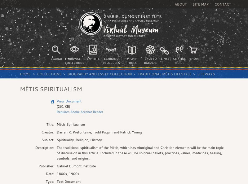 Virtual Museum of Metis History and Culture: Metis Spiritualism Handout Virtual Museum of Metis History and Culture: Metis Spiritualism Handout