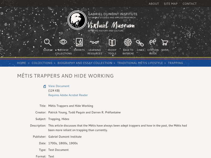 Virtual Museum of Metis History and Culture: Metis Trappers and Hide Working Handout Virtual Museum of Metis History and Culture: Metis Trappers and Hide Working Handout