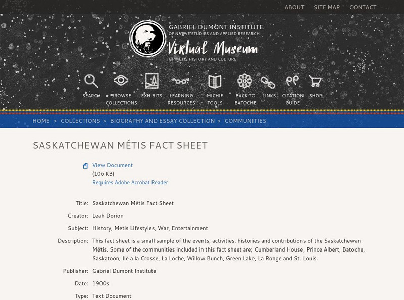 The Virtual Museum of Metis History and Culture: Fact Sheet Handout The Virtual Museum of Metis History and Culture: Fact Sheet Handout