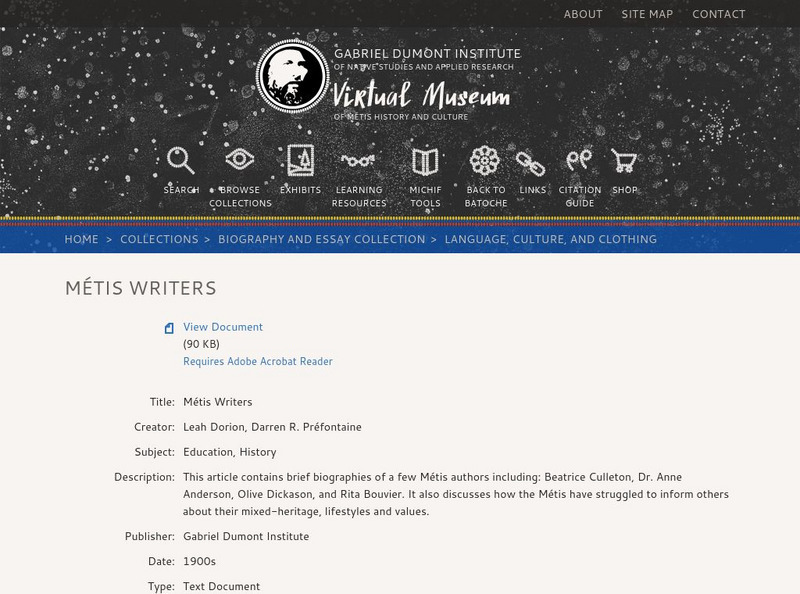 Virtual Museum of Metis History and Culture: Metis Writers Website Virtual Museum of Metis History and Culture: Metis Writers Website