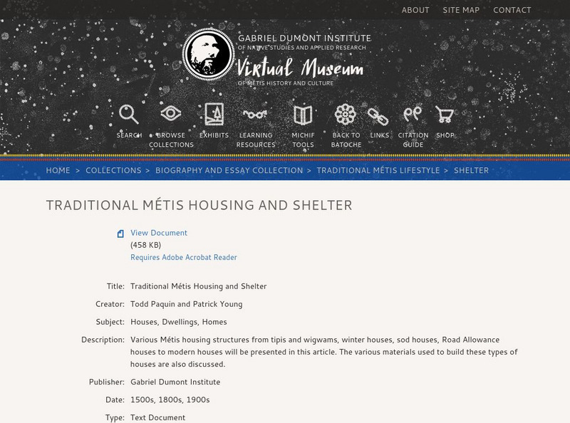 Virtual Museum of Metis History and Culture: Traditional Metis Housing Handout Virtual Museum of Metis History and Culture: Traditional Metis Housing Handout