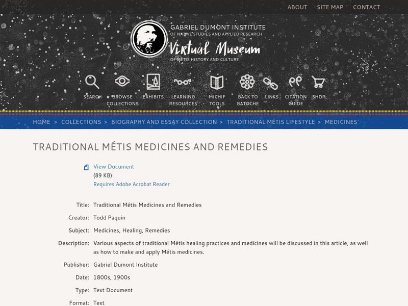 Virtual Museum of Metis History and Culture: Metis Medicines and Remedies Handout